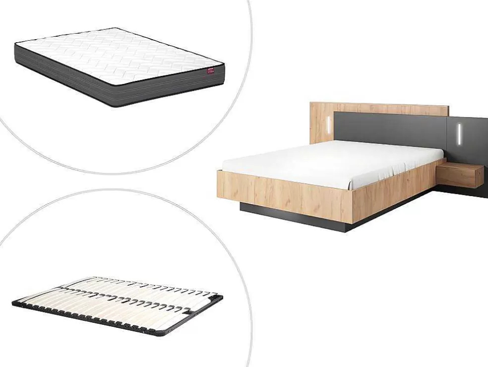 Vente-unique Cama Com Mesas De Cabeceira 160 X 200 Cm, 2 Gavetas, Com Leds, Cor Natural E Antracite + Estrado + Colchão - Francoli* Cama De Adulto