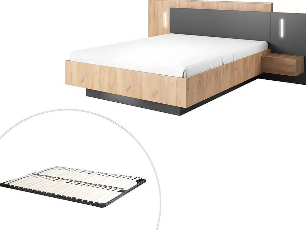 Vente-unique Cama Com Mesas De Cabeceira 160 X 200 Cm, 2 Gavetas, Com Leds, Cor Natural E Antracite + Estrado De Ripas - Francoli* Cama De Adulto