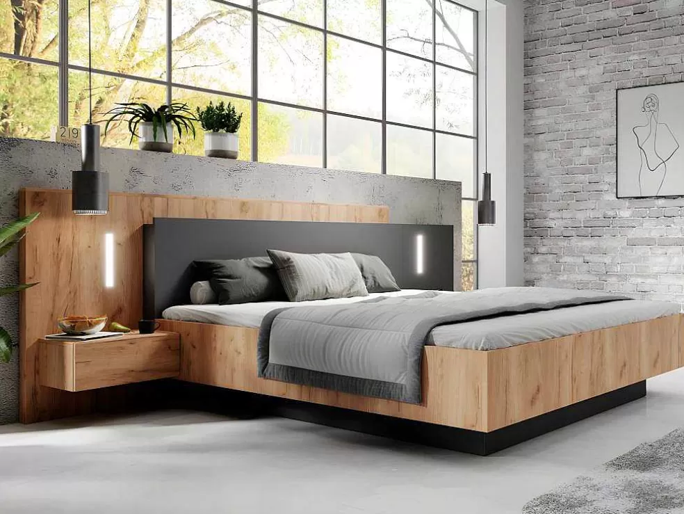 Vente-unique Cama Com Mesas De Cabeceira 160 X 200 Cm, 2 Gavetas, Com Leds, Cor Natural E Antracite + Estrado De Ripas - Francoli* Cama De Adulto