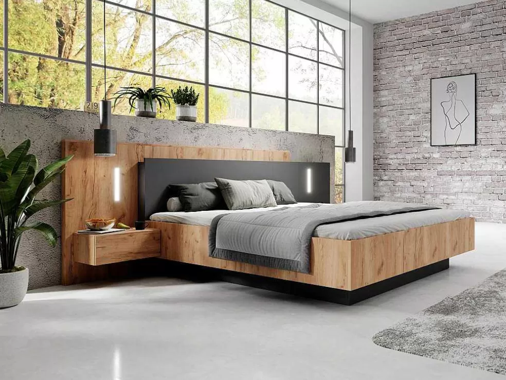 Vente-unique Cama Com Mesas De Cabeceira 160 X 200 Cm, 2 Gavetas, Com Leds, Cor Natural E Antracite + Estrado De Ripas - Francoli* Cama De Adulto