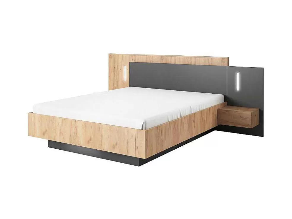 Vente-unique Cama Com Mesas De Cabeceira 160 X 200 Cm, 2 Gavetas E Leds Cor Natural E Antracite - Francoli* Cama De Adulto