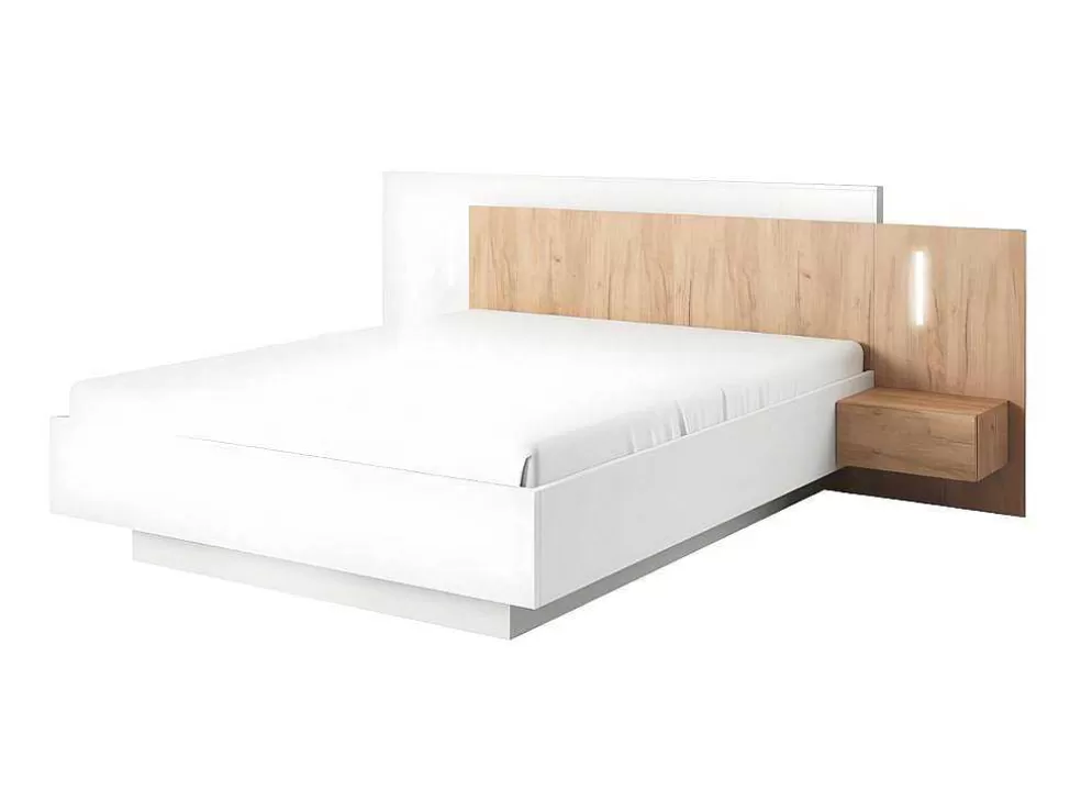 Vente-unique Cama Com Mesas De Cabeceira De 160 X 200 Cm Com 2 Gavetas E Com Leds Cor Branco E Carvalho - Francoli* Cama De Adulto