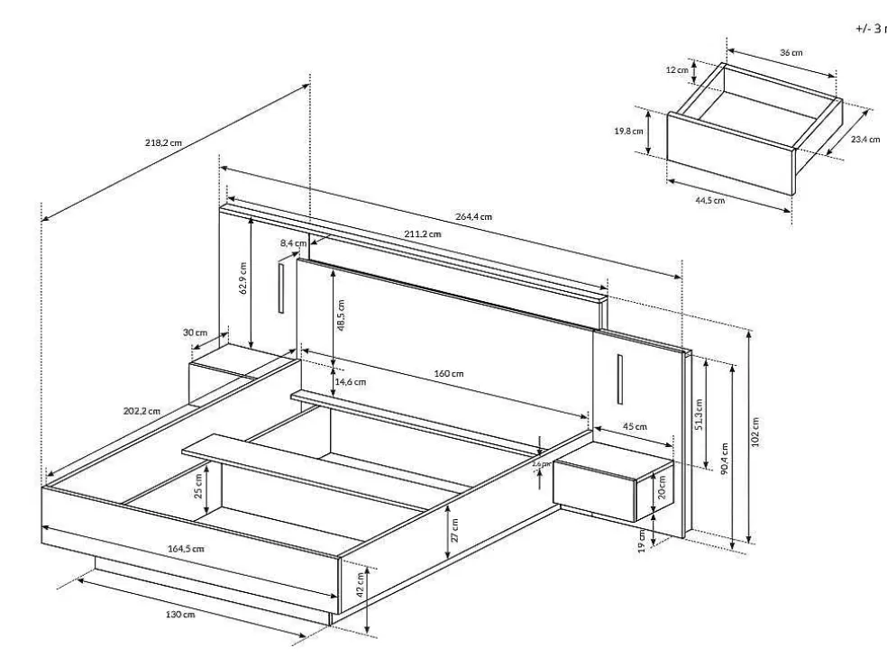 Vente-unique Cama Com Mesas De Cabeceira De 160 X 200 Cm Com 2 Gavetas E Com Leds Cor Branco E Carvalho - Francoli* Cama De Adulto