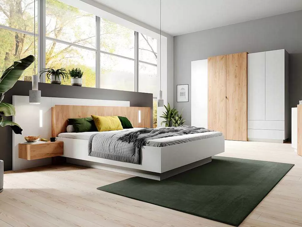 Vente-unique Cama Com Mesas De Cabeceira De 160 X 200 Cm Com 2 Gavetas E Com Leds Cor Branco E Carvalho - Francoli* Cama De Adulto