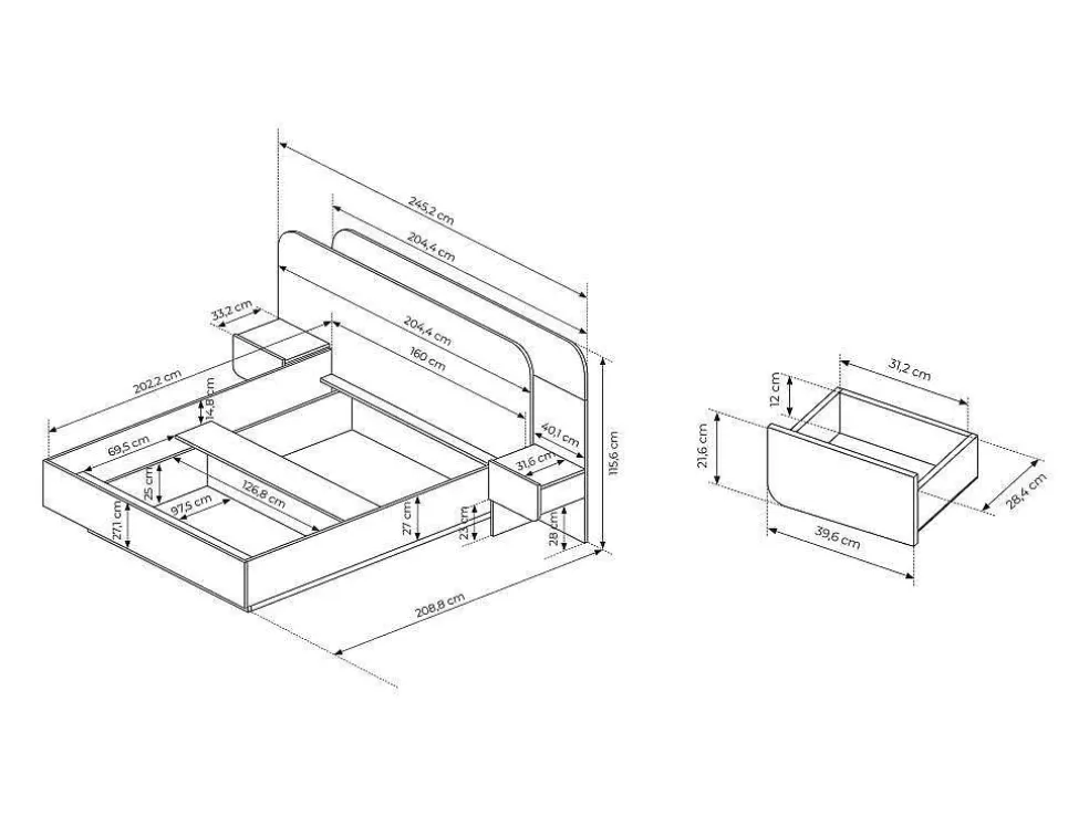 Vente-unique Cama Com Mesas De Cabeceira 160X200 Cm, Com Leds, Cor Natural E Branco - Desado* Cama De Adulto
