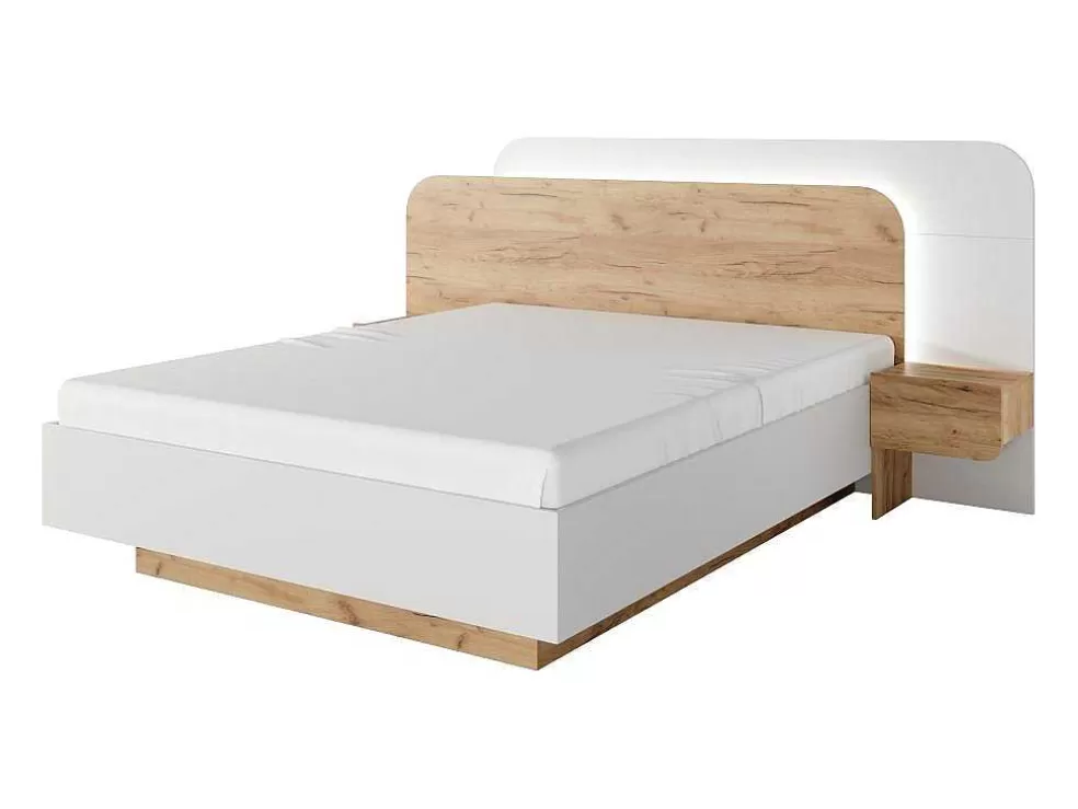 Vente-unique Cama Com Mesas De Cabeceira 160X200 Cm, Com Leds, Cor Natural E Branco - Desado* Cama De Adulto
