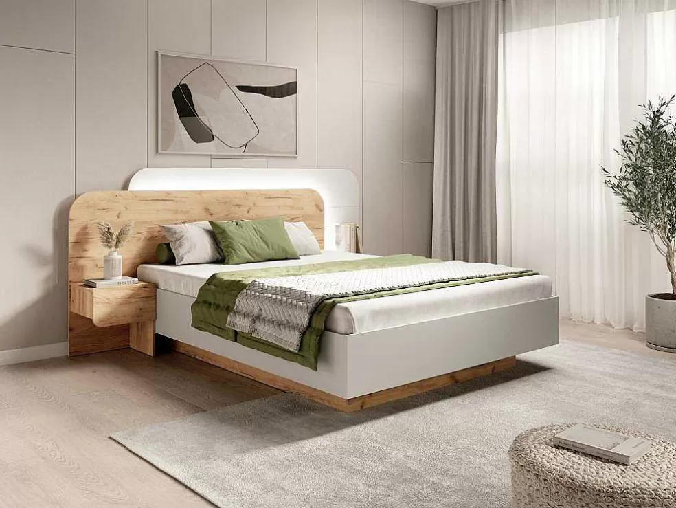 Vente-unique Cama Com Mesas De Cabeceira 160X200 Cm, Com Leds, Cor Natural E Branco - Desado* Cama De Adulto