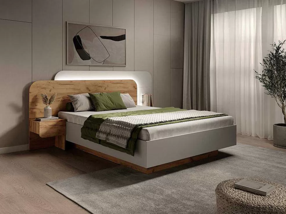 Vente-unique Cama Com Mesas De Cabeceira 160X200 Cm, Com Leds, Cor Natural E Branco - Desado* Cama De Adulto