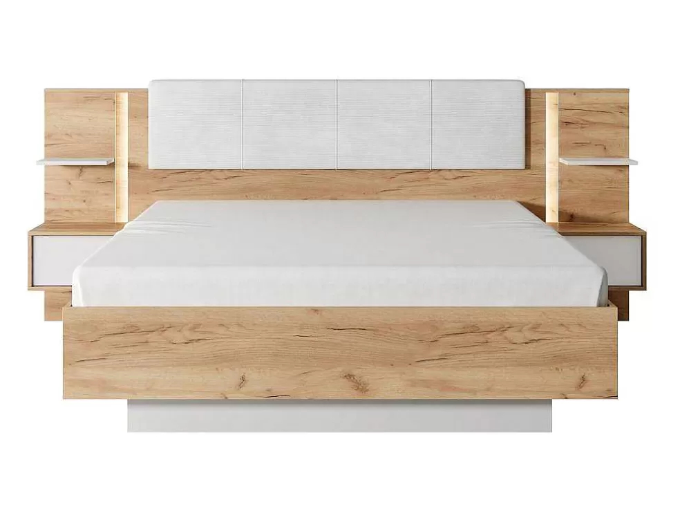 Vente-unique Cama Com Mesas De Cabeceira 160X200 Cm, Com Leds, Cor Natural E Branco - Elynia* Cama Com Arrumação