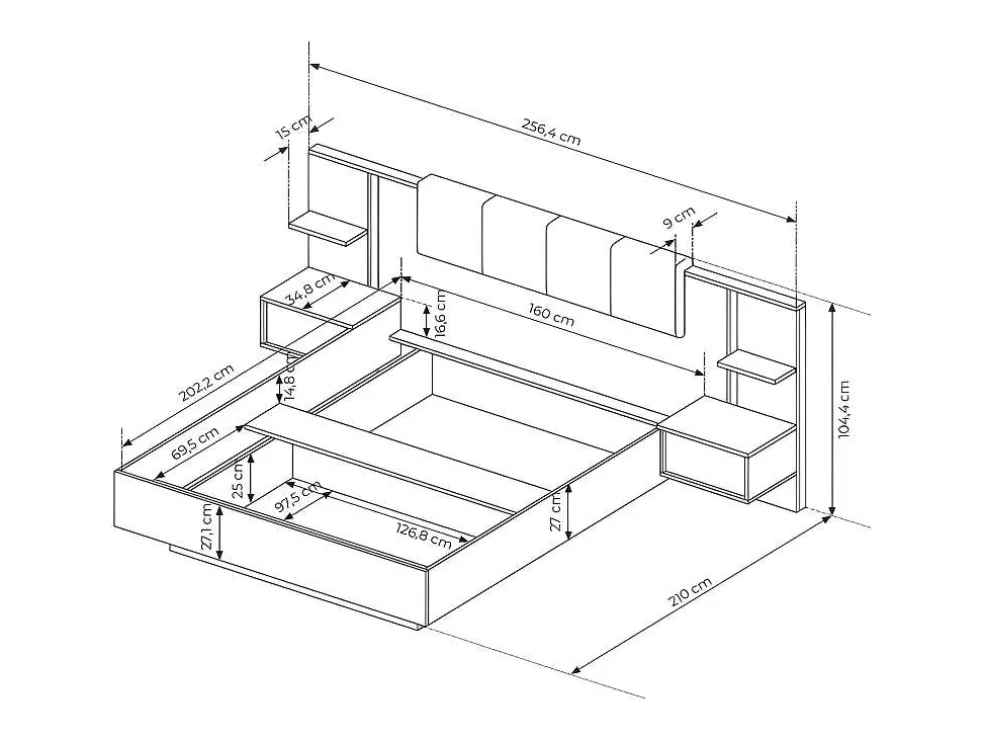 Vente-unique Cama Com Mesas De Cabeceira 160X200 Cm, Com Leds, Cor Natural E Branco - Elynia* Cama Com Arrumação