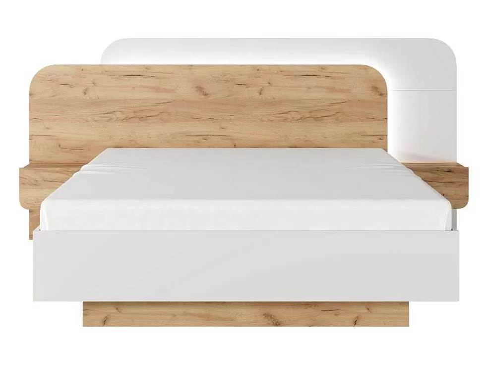 Vente-unique Cama Com Mesas De Cabeceira 160X200 Cm, Com Leds Cor Natural E Branco + Estrado + Colchão - Desado* Cama De Adulto