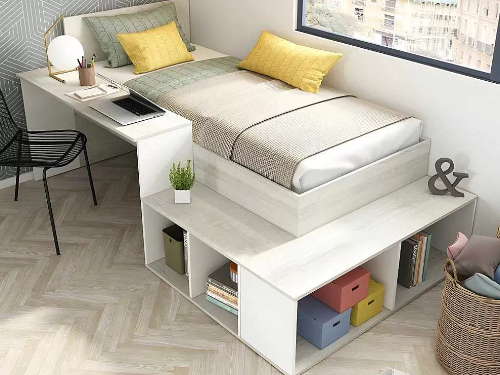 Vente-unique Cama Combinada 90X200 Cm Com Espacos De Arrumação E Secretária Cor Atural Cinza E Branco - Rigali* Cama De Criança