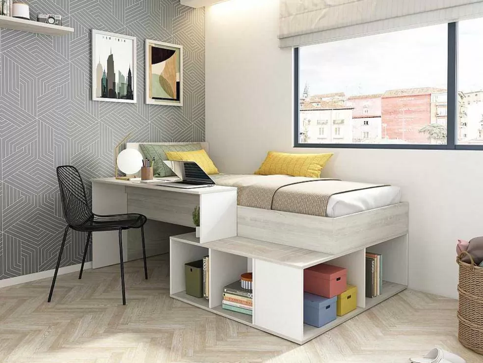 Vente-unique Cama Combinada 90X200 Cm Com Espacos De Arrumação E Secretária Cor Atural Cinza E Branco - Rigali* Cama De Criança