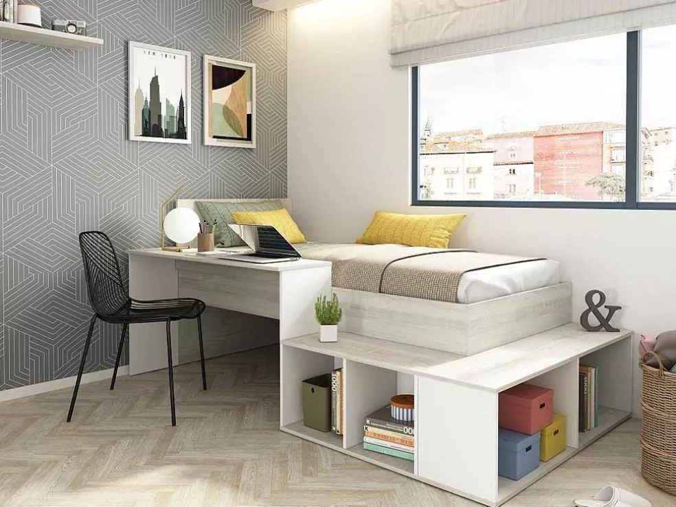 Vente-unique Cama Combinada 90X200 Cm Com Espacos De Arrumação E Secretária Cor Atural Cinza E Branco - Rigali* Cama De Criança