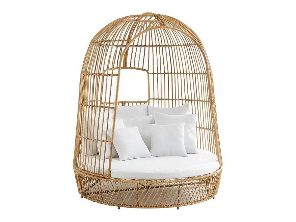 MYLIA Cama De Jardim Com Dossel Em Resina Entrancada Natural Clara Com Almofada Branca - Cervaro De * Espreguiçadeira