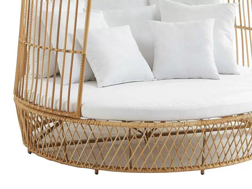 MYLIA Cama De Jardim Com Dossel Em Resina Entrancada Natural Clara Com Almofada Branca - Cervaro De * Espreguiçadeira