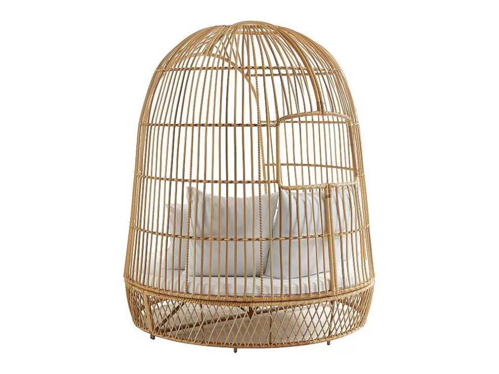 MYLIA Cama De Jardim Com Dossel Em Resina Entrancada Natural Clara Com Almofada Branca - Cervaro De * Espreguiçadeira