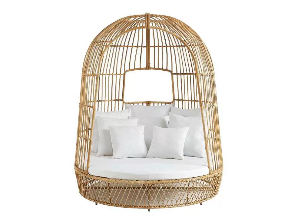 MYLIA Cama De Jardim Com Dossel Em Resina Entrancada Natural Clara Com Almofada Branca - Cervaro De * Espreguiçadeira