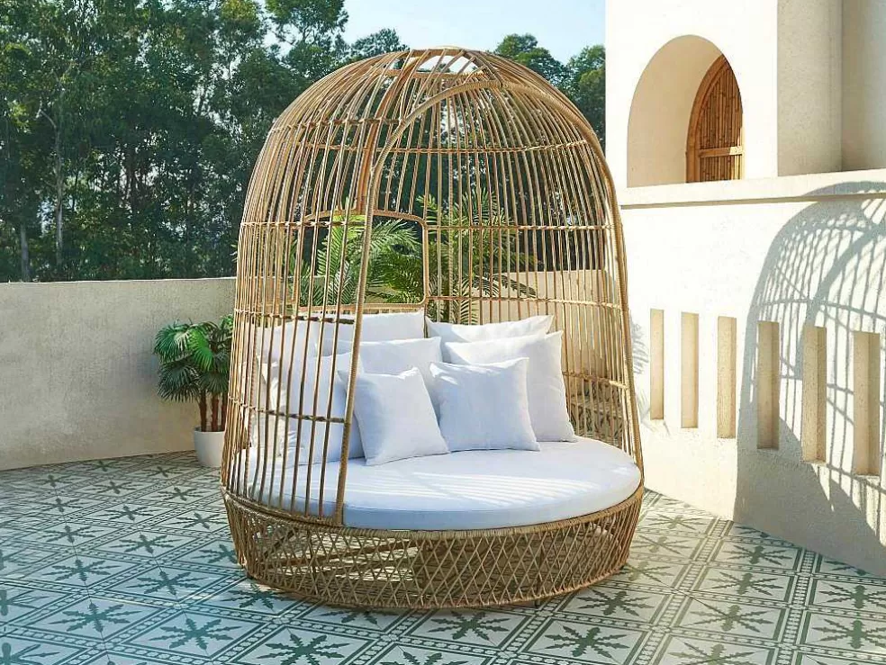 MYLIA Cama De Jardim Com Dossel Em Resina Entrancada Natural Clara Com Almofada Branca - Cervaro De * Espreguiçadeira