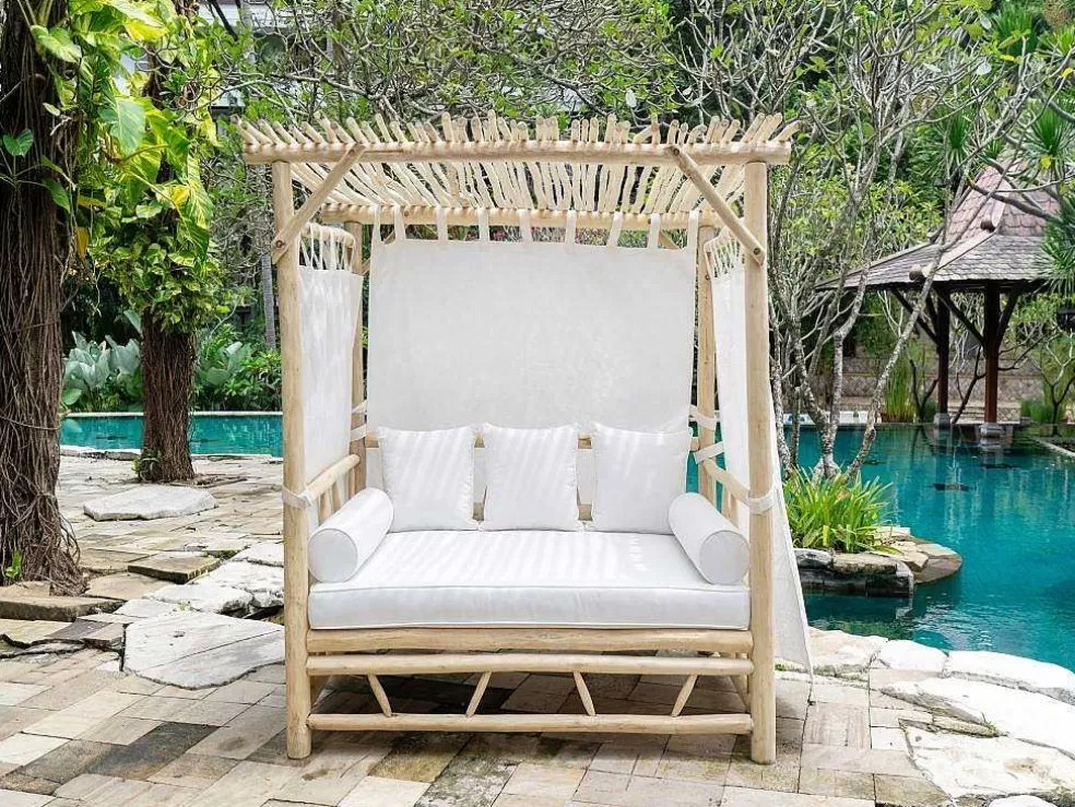 MYLIA Cama De Jardim Com Dossel Em Teca Cor Natural Claro E Branco - Tulum* Espreguiçadeira