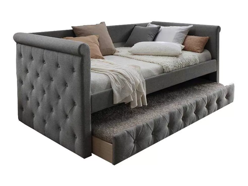 Vente-unique Cama Dupla Alcochoada 2X90X190 Cm Em Tecido Cinza - Louise* Cama De Criança