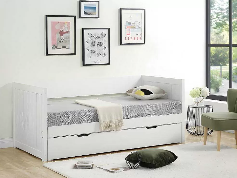 Vente-unique Cama Dupla Banco Com Gaveta De 2 X 90 X 200 Cm Em Pinho E Mdf Cor Branco - Alfiero* Cama Dupla