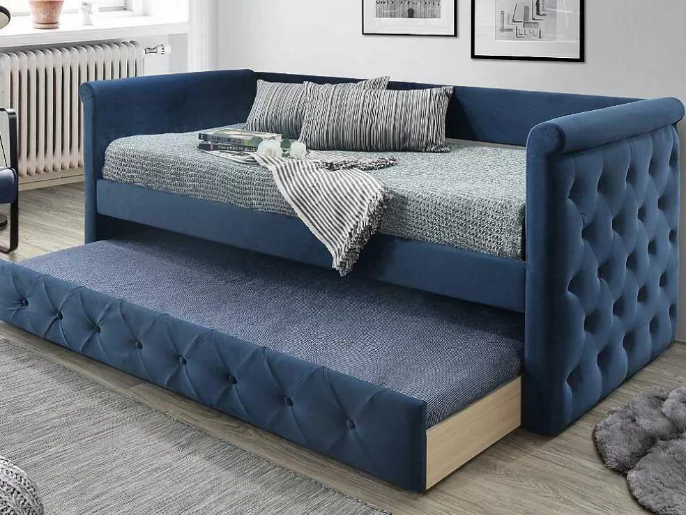 Vente-unique Cama Dupla Banco De 2X90X190 Cm Em Tecido Azul + Colchão - Louise* Cama Dupla