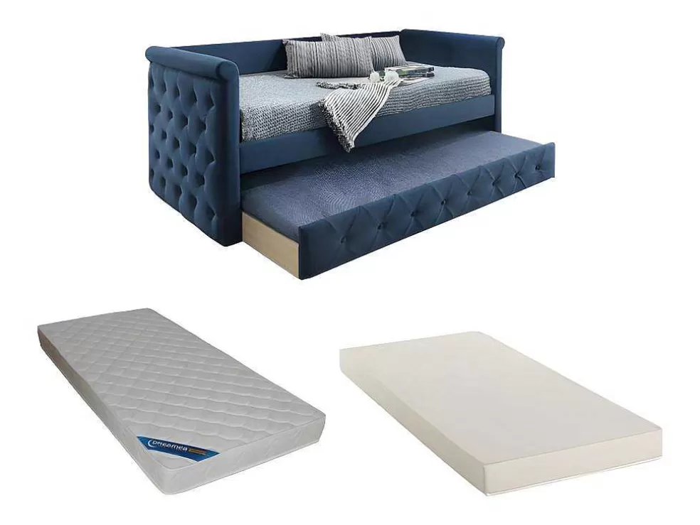 Vente-unique Cama Dupla Banco De 2X90X190 Cm Em Tecido Azul + Colchão - Louise* Cama Dupla