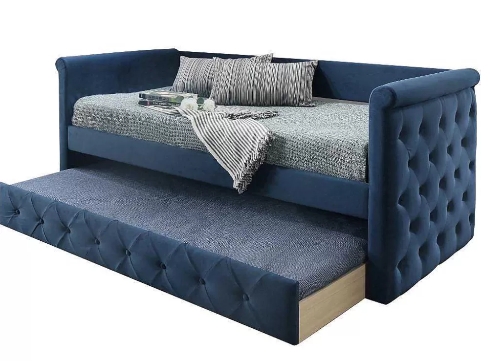 Vente-unique Cama Dupla Banco De 2X90X190 Cm Em Tecido Azul + Colchão - Louise* Cama Dupla