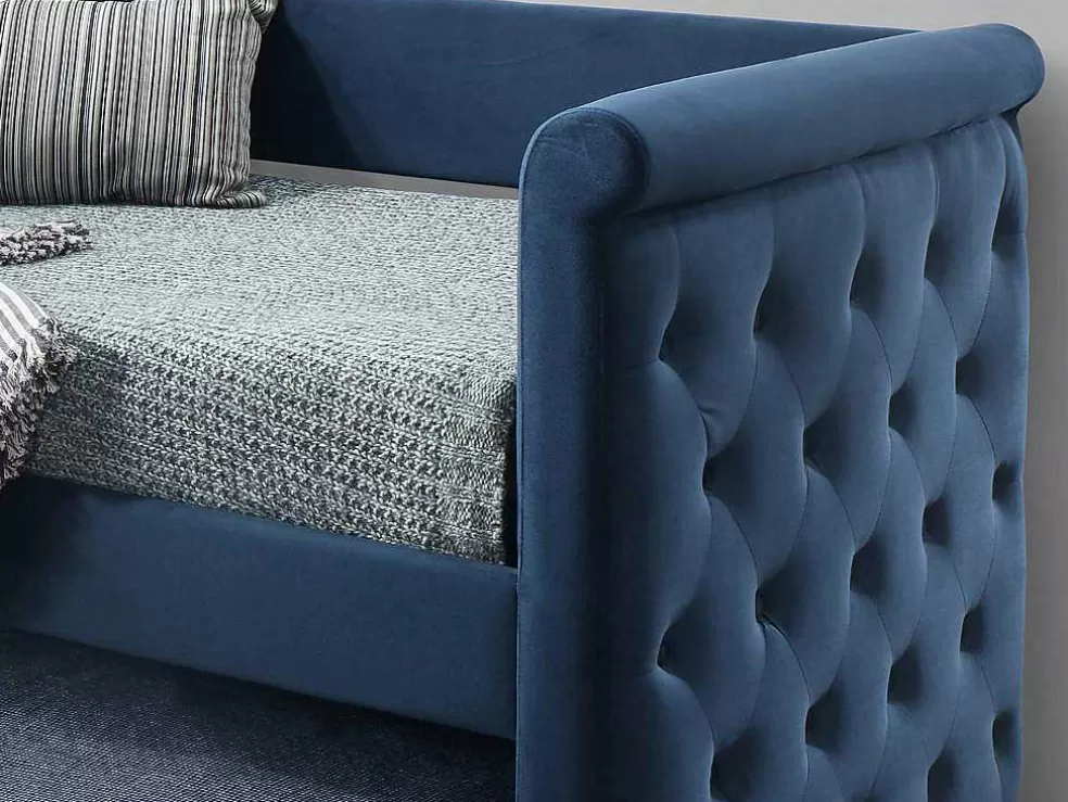 Vente-unique Cama Dupla Banco De 2X90X190 Cm Em Tecido Azul + Colchão - Louise* Cama Dupla