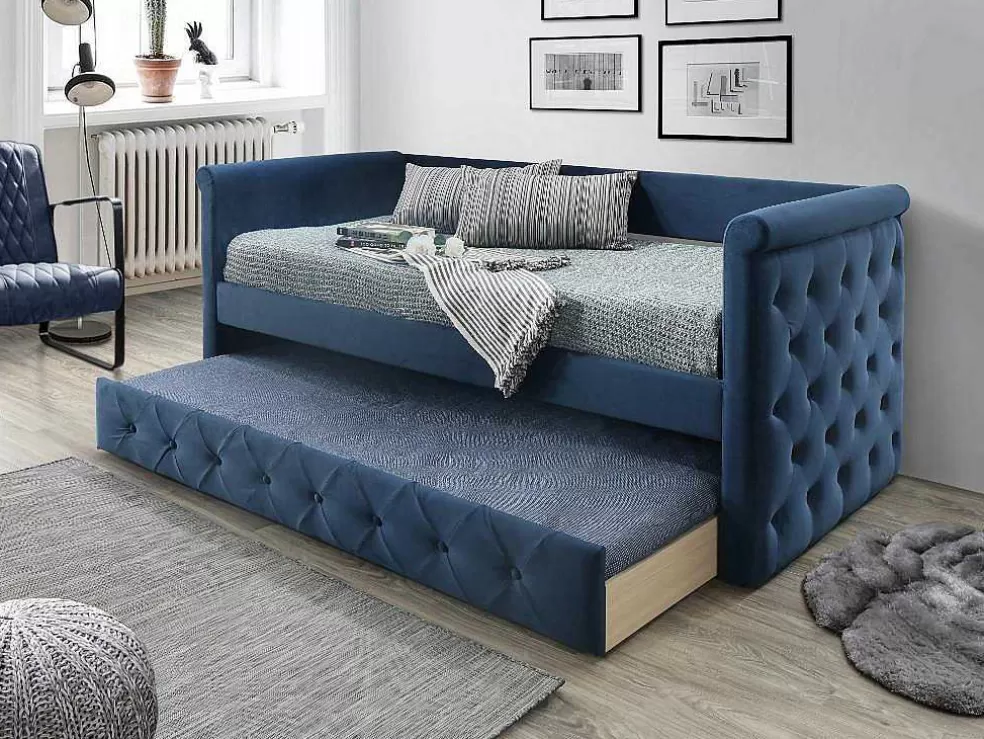 Vente-unique Cama Dupla Banco De 2X90X190 Cm Em Tecido Azul + Colchão - Louise* Cama Dupla