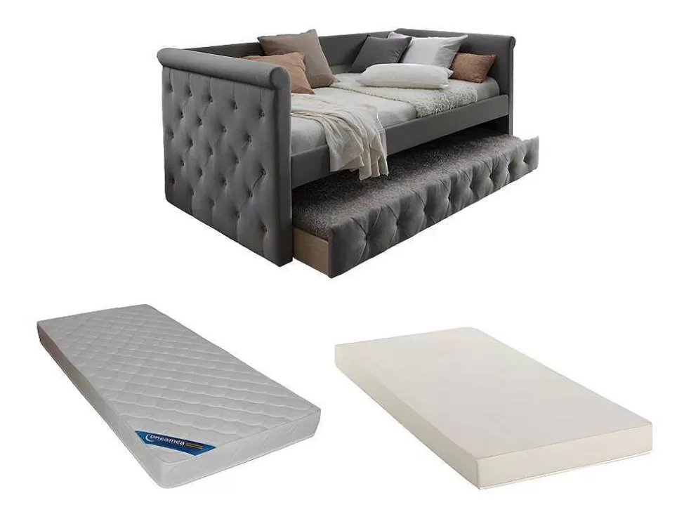 Vente-unique Cama Dupla Banco De 2X90X190 Cm Em Tecido Cinza + Colchão - Louise* Cama Dupla