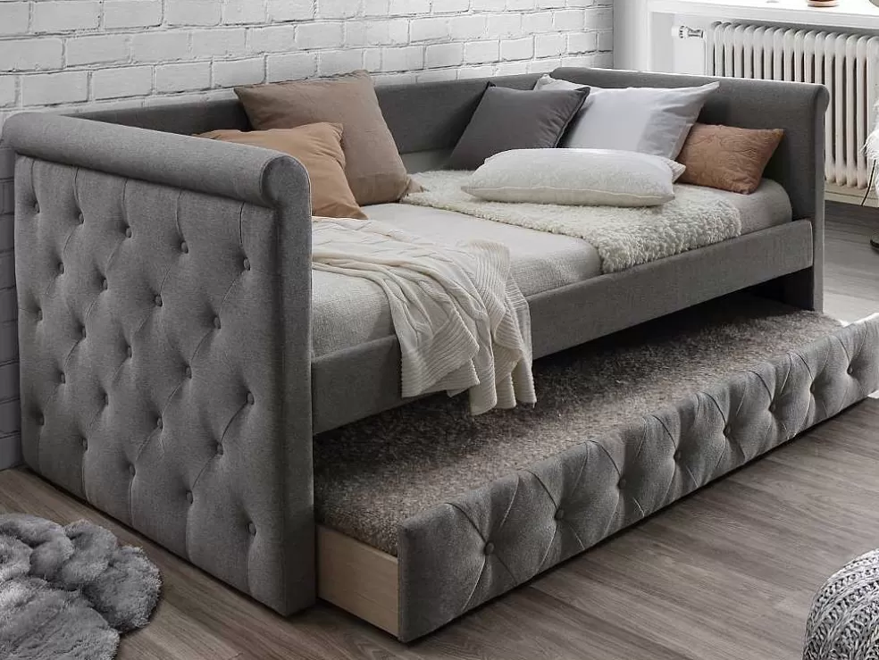 Vente-unique Cama Dupla Banco De 2X90X190 Cm Em Tecido Cinza + Colchão - Louise* Cama Dupla