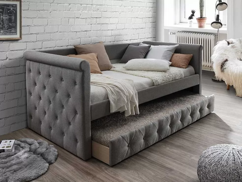 Vente-unique Cama Dupla Banco De 2X90X190 Cm Em Tecido Cinza + Colchão - Louise* Cama Dupla