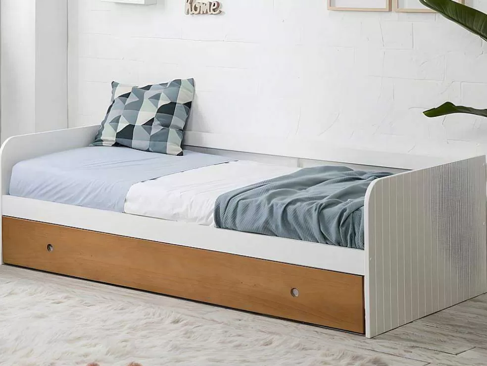 Vente-unique Cama Dupla Banco 2X90X190 Cm Mdf Branco E Cerejeira + Colchões - Juliette* Cama Dupla