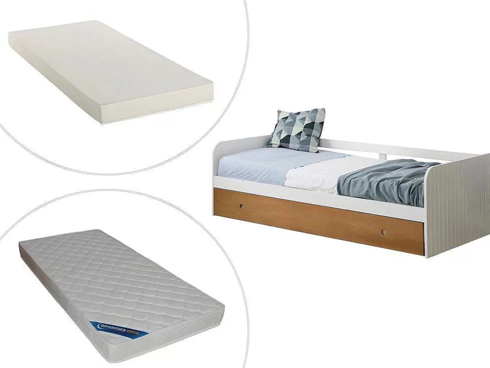 Vente-unique Cama Dupla Banco 2X90X190 Cm Mdf Branco E Cerejeira + Colchões - Juliette* Cama Dupla