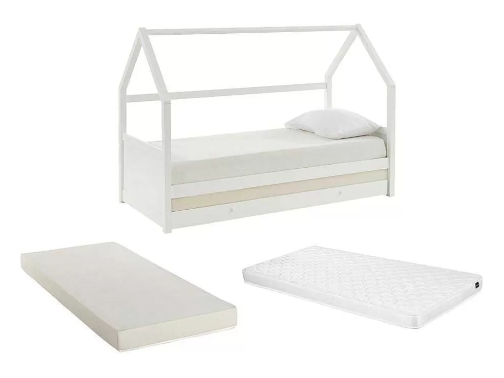Vente-unique Cama Dupla Cabana De 2 X 90 X 190 Cm Em Pinho Cor Branco + Colchão - Hurra* Cama Dupla