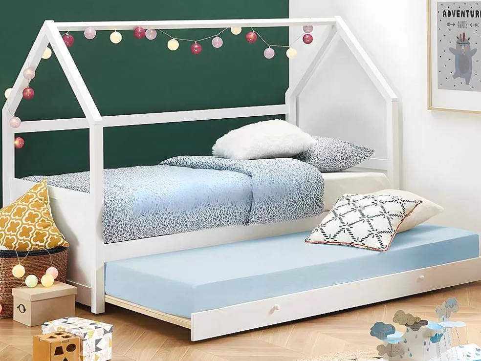 Vente-unique Cama Dupla Cabana De 2 X 90 X 190 Cm Em Pinho Cor Branco + Colchão - Hurra* Cama Dupla