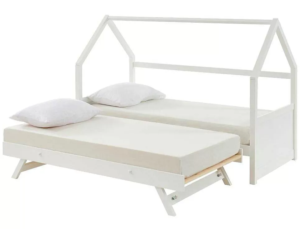 Vente-unique Cama Dupla Cabana De 2 X 90 X 190 Cm Em Pinho Cor Branco + Colchão - Hurra* Cama Dupla