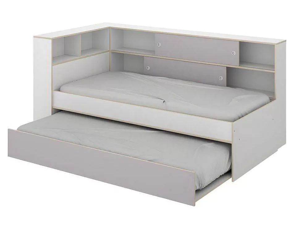 Vente-unique Cama Dupla Com Espacos De Arrumação De 90 X 200 E 90 X 190 Cm Cor Branco E Cinza - Losiana* Cama Dupla
