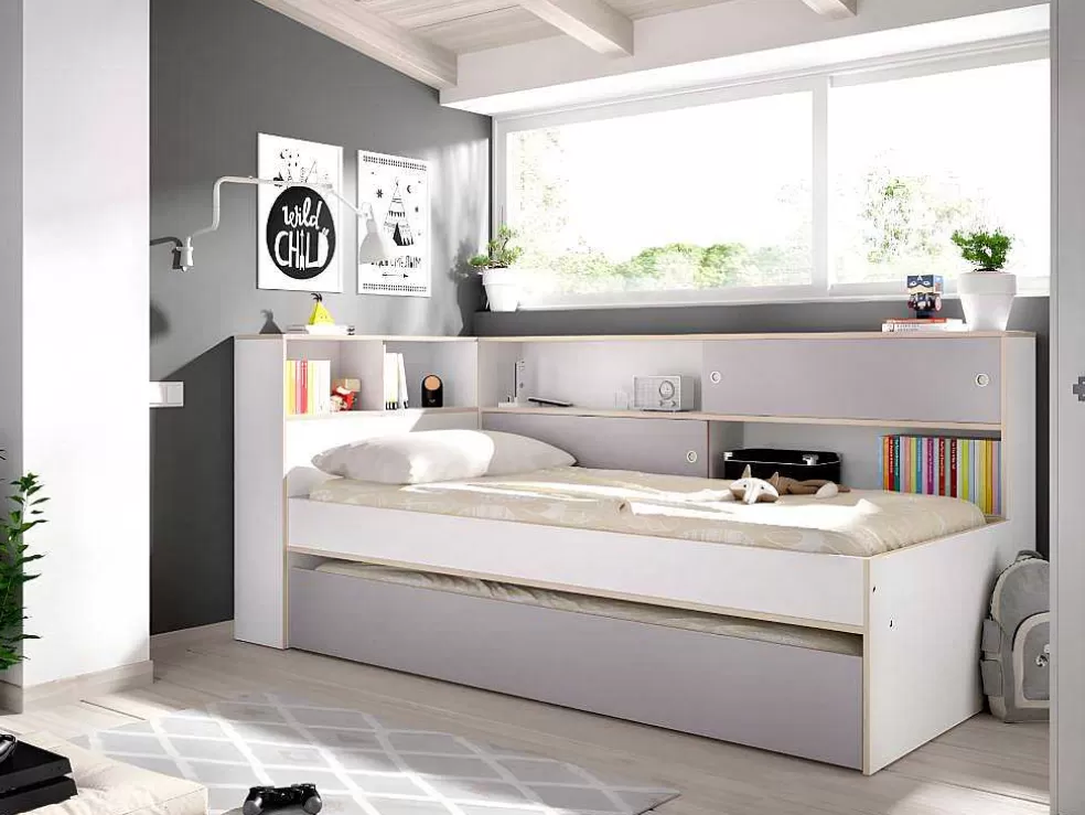 Vente-unique Cama Dupla Com Espacos De Arrumação De 90 X 200 E 90 X 190 Cm Cor Branco E Cinza - Losiana* Cama Dupla