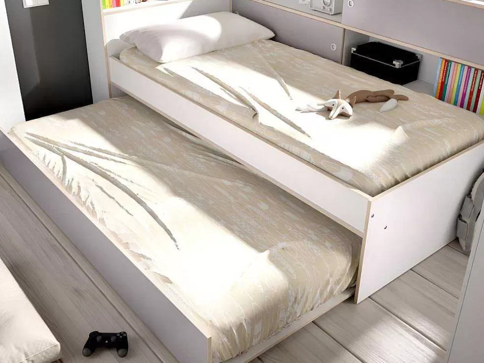 Vente-unique Cama Dupla Com Espacos De Arrumação De 90 X 200 E 90 X 190 Cm Cor Branco E Cinza - Losiana* Cama Dupla