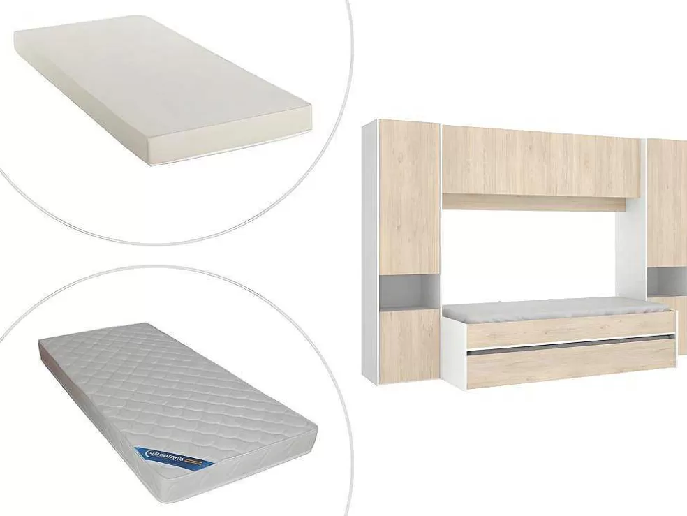 Vente-unique Cama Dupla Com Móvel De Cama De 90 X 190 Cm Cor Carvalho E Branco + Colchões - Selena* Cama De Criança