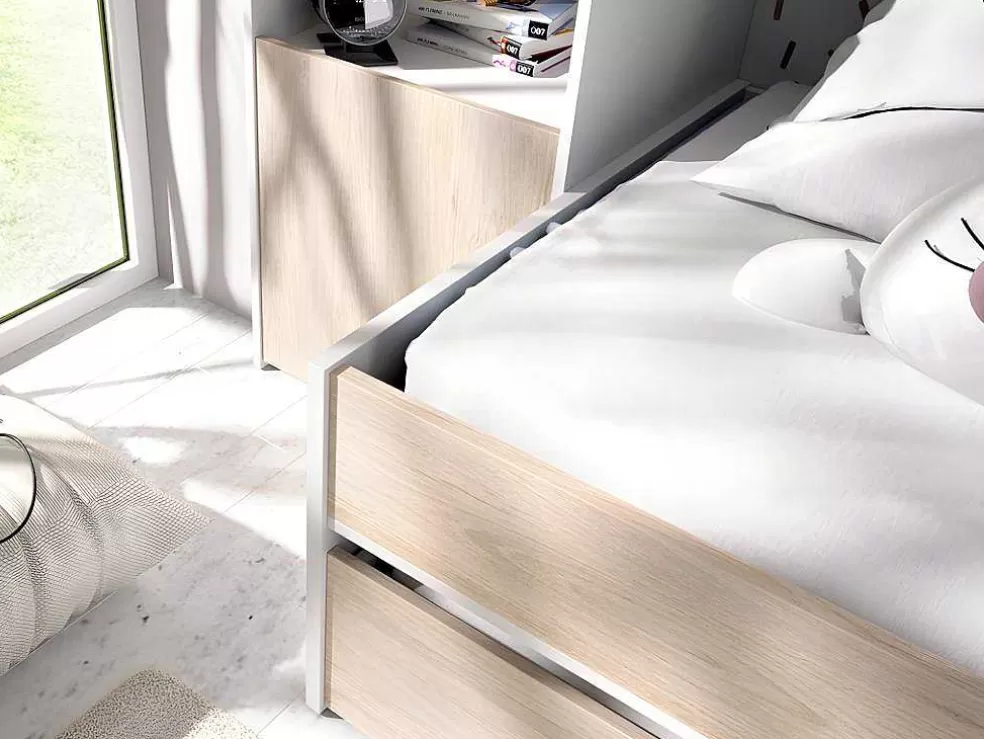 Vente-unique Cama Dupla Com Móvel De Cama De 90 X 190 Cm Cor Carvalho E Branco + Colchões - Selena* Cama De Criança