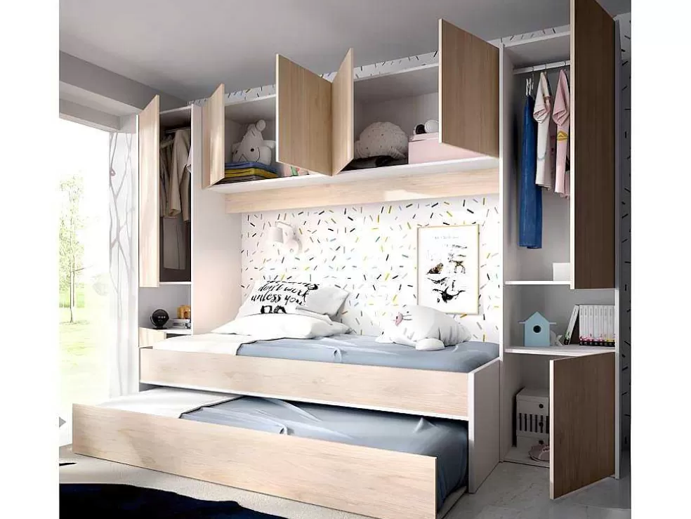 Vente-unique Cama Dupla Com Móvel De Cama De 90 X 190 Cm Cor Carvalho E Branco - Selena* Cama De Criança