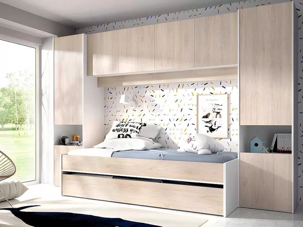 Vente-unique Cama Dupla Com Móvel De Cama De 90 X 190 Cm Cor Carvalho E Branco - Selena* Cama De Criança