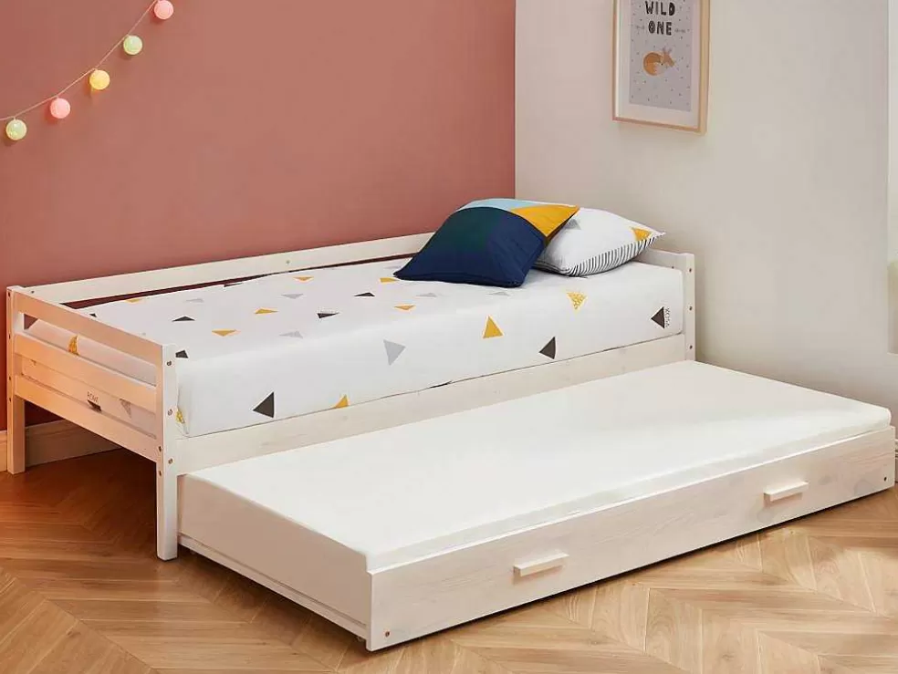 Vente-unique Cama Dupla De 2 X 90 X 190 Cm Em Pinho Macico E Mdf Cor Esbranquicada + Colchão - Aedan Ii* Cama Dupla