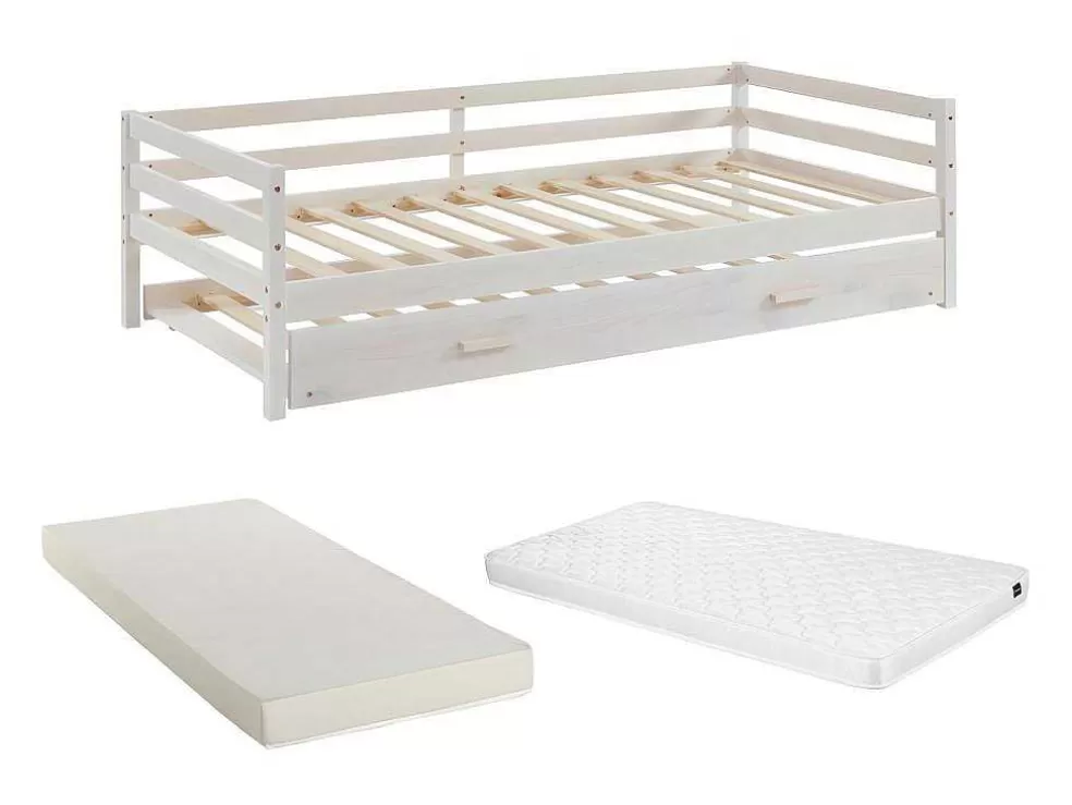 Vente-unique Cama Dupla De 2 X 90 X 190 Cm Em Pinho Macico E Mdf Cor Esbranquicada + Colchão - Aedan Ii* Cama Dupla
