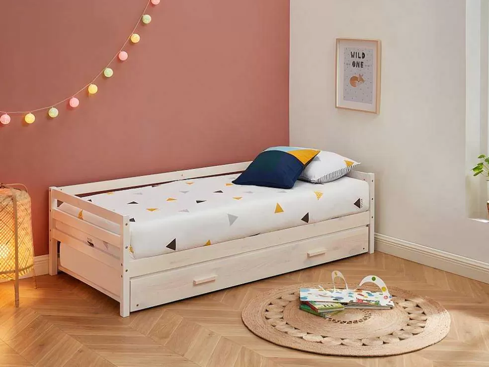 Vente-unique Cama Dupla De 2 X 90 X 190 Cm Em Pinho Macico E Mdf Cor Esbranquicada + Colchão - Aedan Ii* Cama Dupla