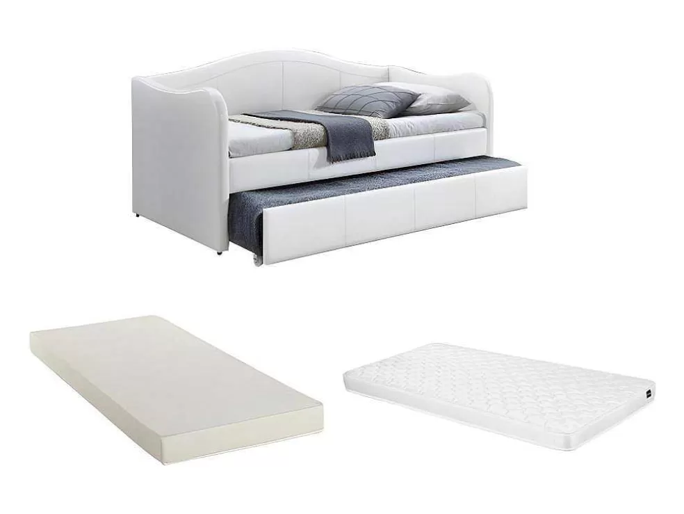 Vente-unique Cama Dupla Diva 2X90X190 Cm Em Pele Sintética Branco + Colchões - Mathilde* Cama Dupla